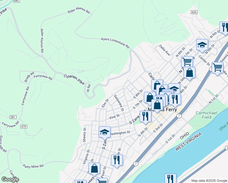map of restaurants, bars, coffee shops, grocery stores, and more near 427 Elm Street in Martins Ferry