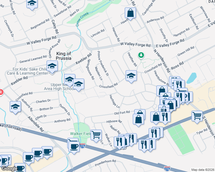 map of restaurants, bars, coffee shops, grocery stores, and more near 357 Prince Frederick Street in King of Prussia