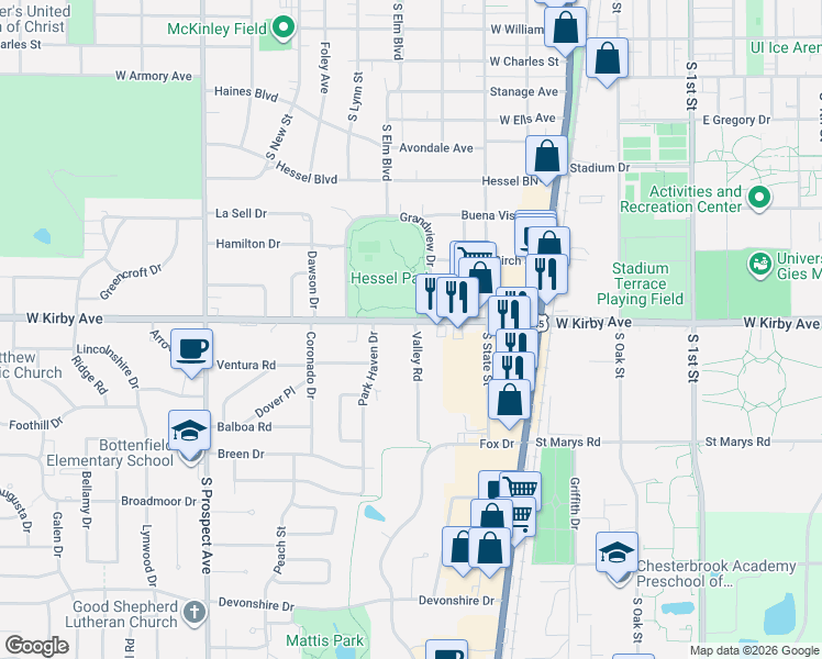 map of restaurants, bars, coffee shops, grocery stores, and more near in Champaign