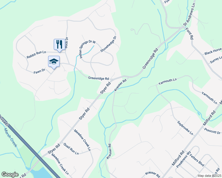 map of restaurants, bars, coffee shops, grocery stores, and more near 386 Styer Road in Glenmoore
