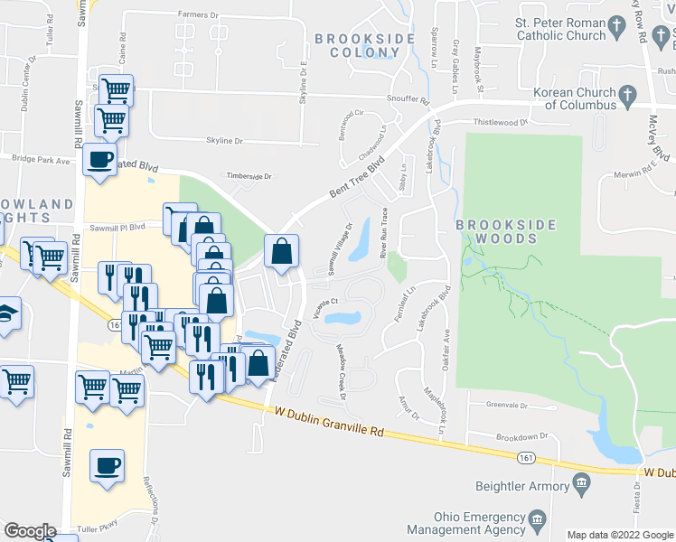 map of restaurants, bars, coffee shops, grocery stores, and more near 6900 Sawmill Village Drive in Columbus