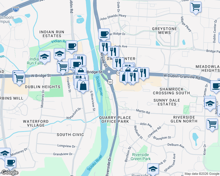 map of restaurants, bars, coffee shops, grocery stores, and more near 6375 U.S. 33 in Dublin
