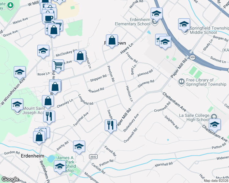 map of restaurants, bars, coffee shops, grocery stores, and more near 803 Preston Road in Erdenheim
