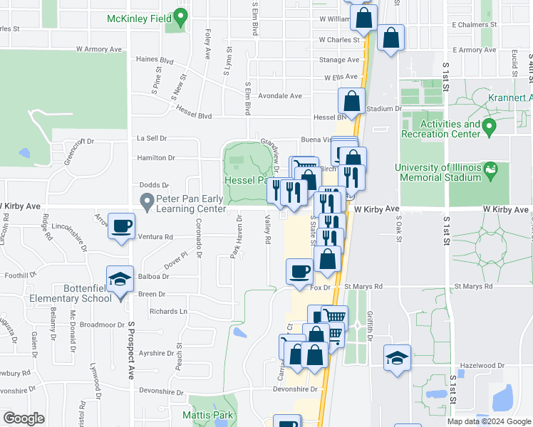 map of restaurants, bars, coffee shops, grocery stores, and more near 1603 Valley Road in Champaign