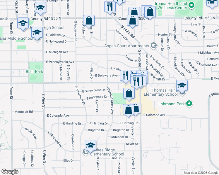 map of restaurants, bars, coffee shops, grocery stores, and more near 1702 South Cottage Grove Avenue in Urbana