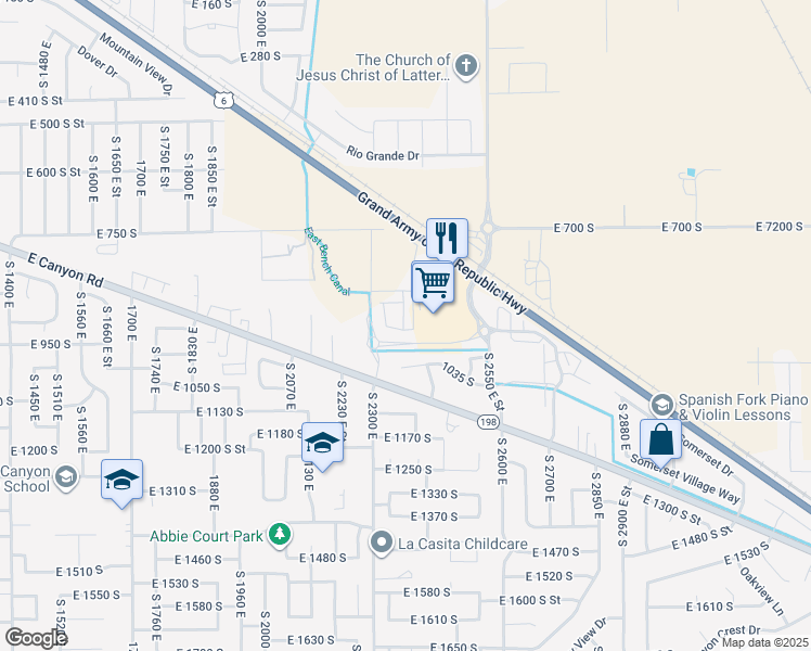 map of restaurants, bars, coffee shops, grocery stores, and more near 2342 East 830 South in Spanish Fork