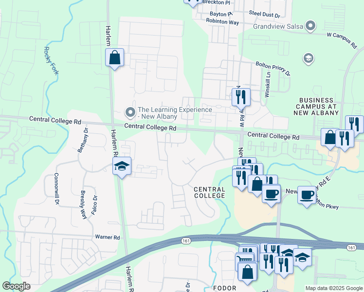 map of restaurants, bars, coffee shops, grocery stores, and more near 5935 Central College Road in New Albany