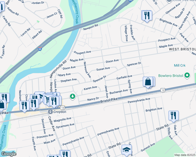 map of restaurants, bars, coffee shops, grocery stores, and more near 1309 Spencer Drive in Croydon