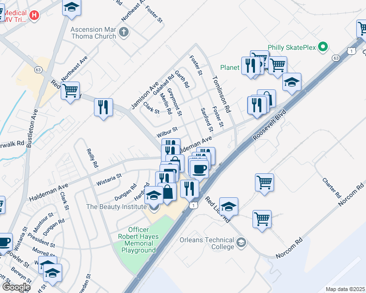 map of restaurants, bars, coffee shops, grocery stores, and more near 10150 Haldeman Avenue in Philadelphia