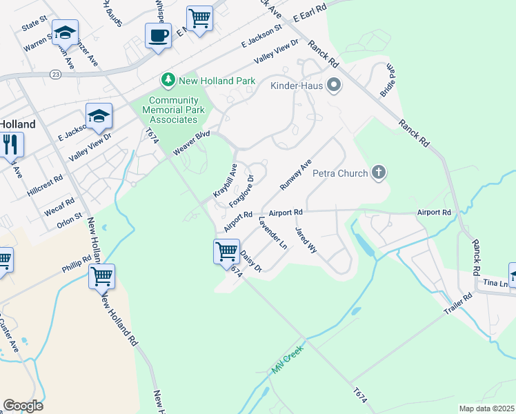 map of restaurants, bars, coffee shops, grocery stores, and more near 3 Runway Avenue in New Holland