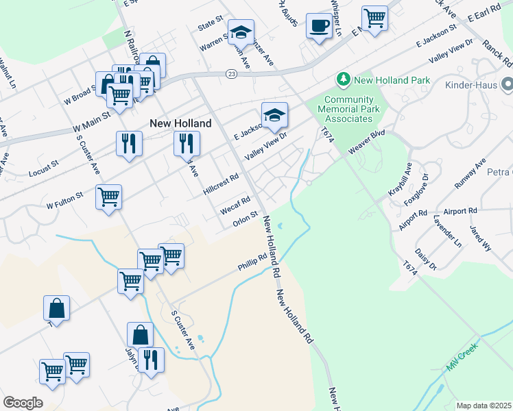 map of restaurants, bars, coffee shops, grocery stores, and more near 442 Brimmer Avenue in New Holland
