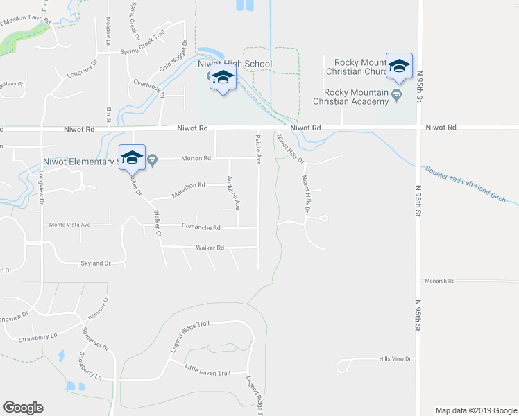 map of restaurants, bars, coffee shops, grocery stores, and more near 6798 Paiute Avenue in Niwot