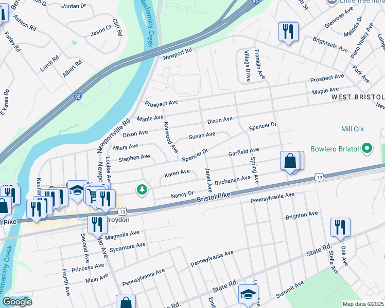 map of restaurants, bars, coffee shops, grocery stores, and more near 1309 Spencer Drive in Croydon