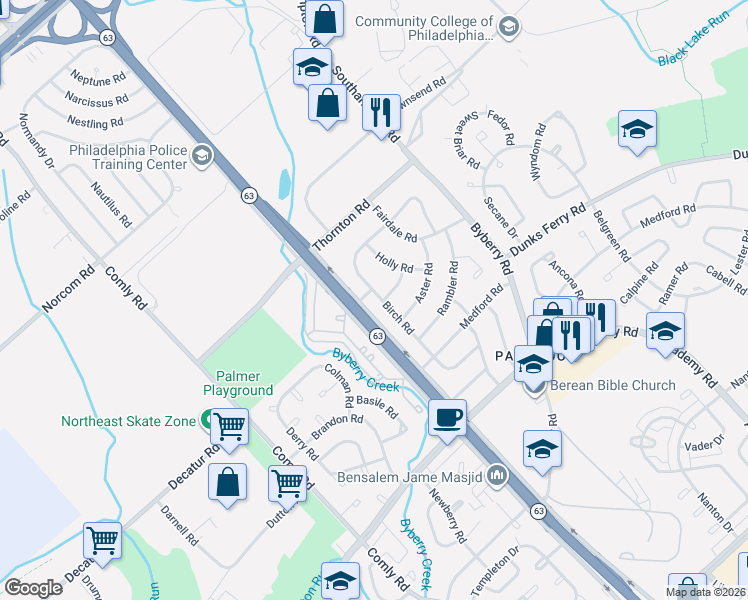map of restaurants, bars, coffee shops, grocery stores, and more near 3159 Birch Road in Philadelphia