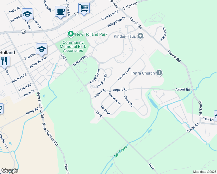 map of restaurants, bars, coffee shops, grocery stores, and more near 3 Runway Avenue in New Holland