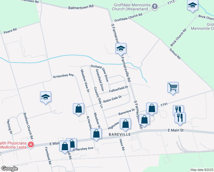 map of restaurants, bars, coffee shops, grocery stores, and more near 324 Orchard View Drive in Leola