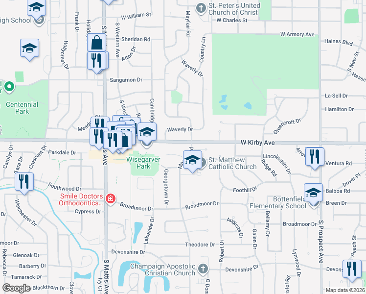 map of restaurants, bars, coffee shops, grocery stores, and more near 1405 West Kirby Avenue in Champaign