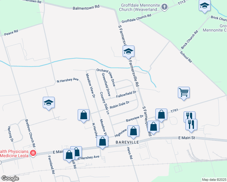 map of restaurants, bars, coffee shops, grocery stores, and more near 324 Orchard View Drive in Leola