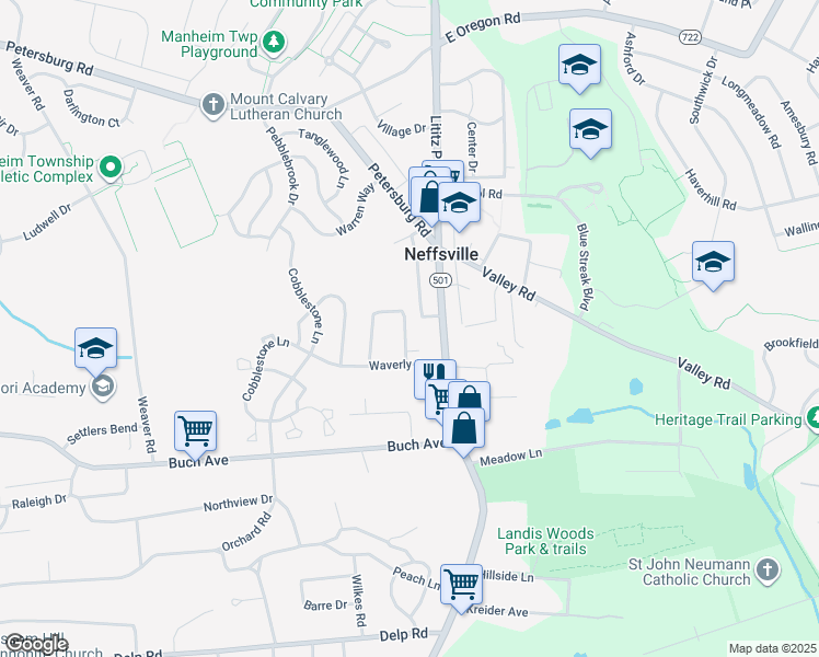 map of restaurants, bars, coffee shops, grocery stores, and more near 2613 Sutton Place in Lancaster