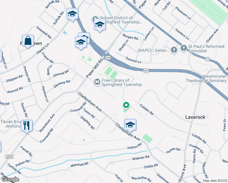 map of restaurants, bars, coffee shops, grocery stores, and more near 8805 Hawthorne Ln in Wyndmoor