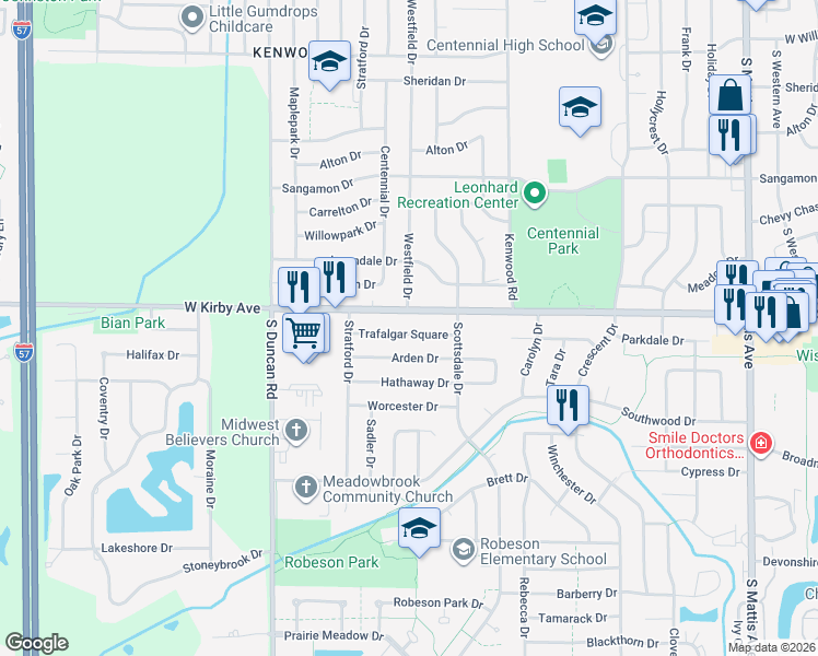 map of restaurants, bars, coffee shops, grocery stores, and more near 2516 Trafalgar Square in Champaign