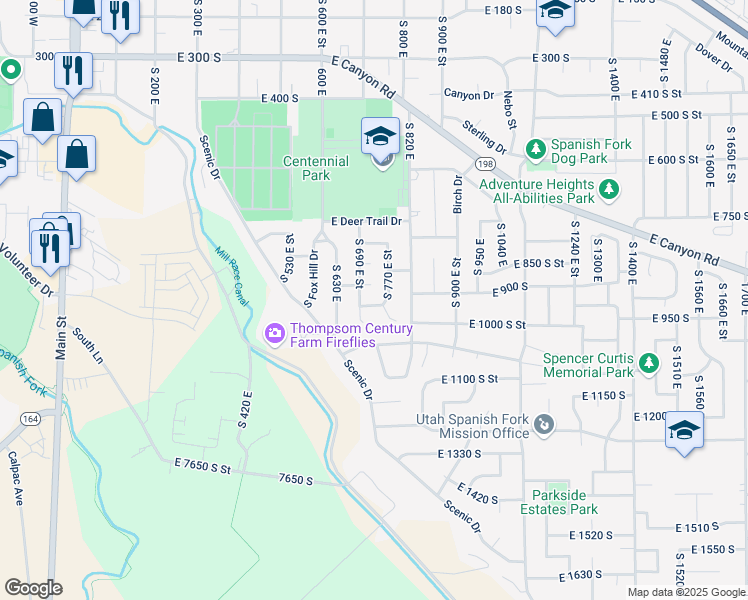 map of restaurants, bars, coffee shops, grocery stores, and more near 729 East 920 South in Spanish Fork