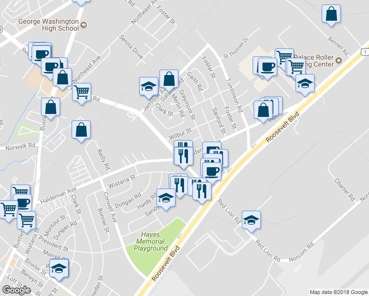 map of restaurants, bars, coffee shops, grocery stores, and more near 10109 Alexandra Lane in Philadelphia