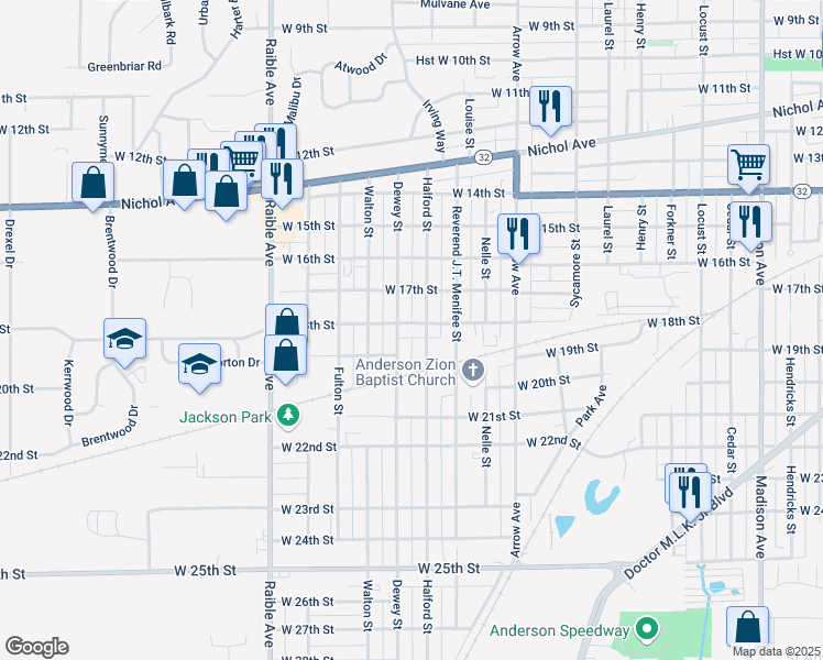 map of restaurants, bars, coffee shops, grocery stores, and more near 2015 West 18th Street in Anderson