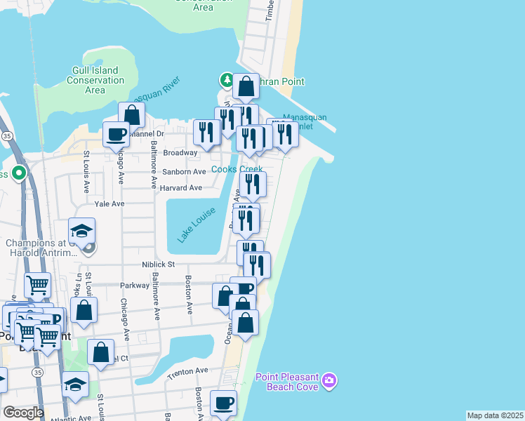 map of restaurants, bars, coffee shops, grocery stores, and more near 16 Danby Place in Point Pleasant Beach