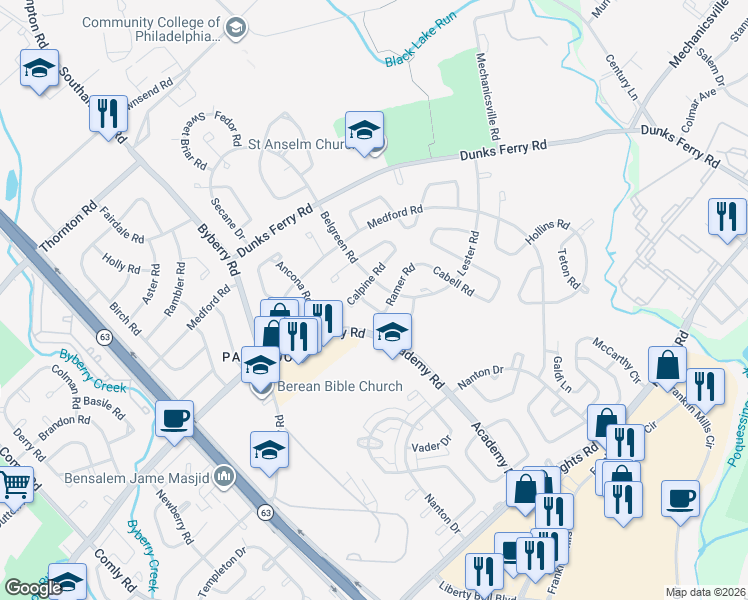 map of restaurants, bars, coffee shops, grocery stores, and more near 3320 Belgreen Road in Philadelphia