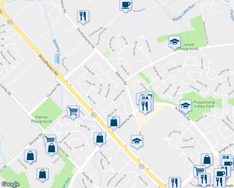 map of restaurants, bars, coffee shops, grocery stores, and more near 12220 Medford Road in Philadelphia