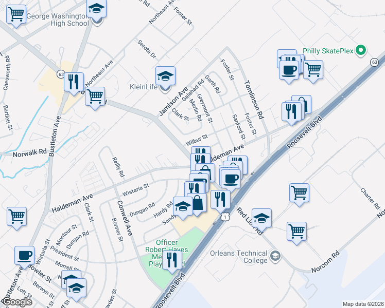 map of restaurants, bars, coffee shops, grocery stores, and more near 10109 Alexandra Lane in Philadelphia