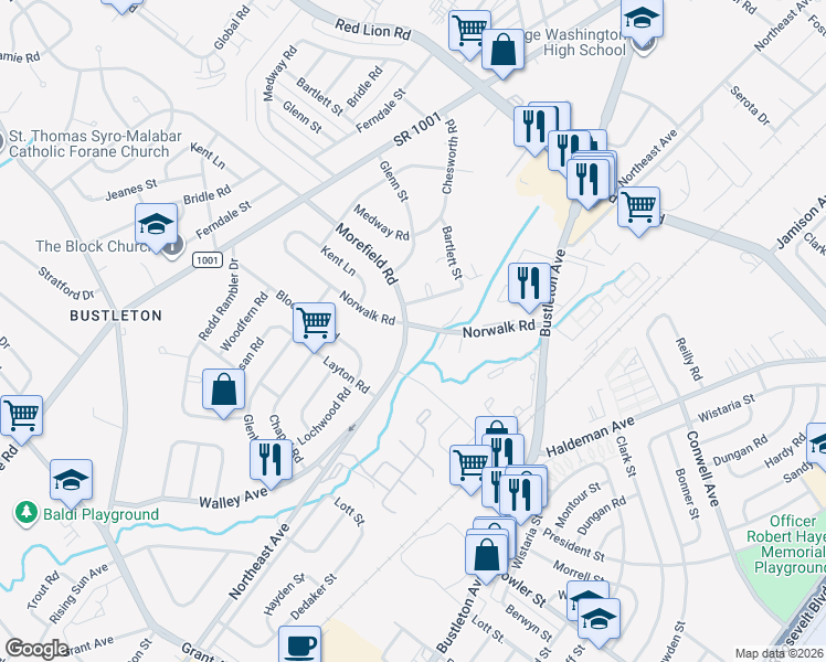 map of restaurants, bars, coffee shops, grocery stores, and more near 1160 Norwalk Road in Philadelphia