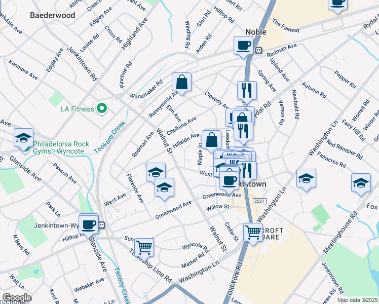 map of restaurants, bars, coffee shops, grocery stores, and more near 418 Linden Street in Jenkintown