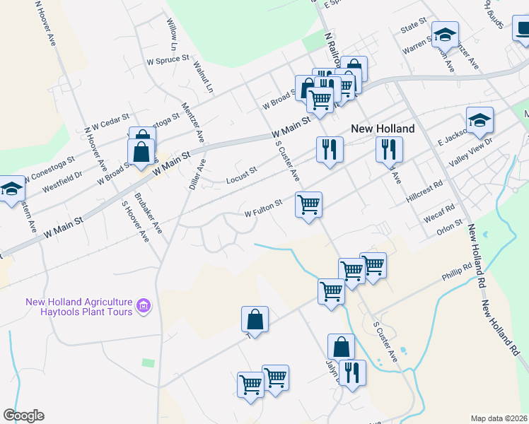 map of restaurants, bars, coffee shops, grocery stores, and more near 200 South Brookefield Lane in New Holland