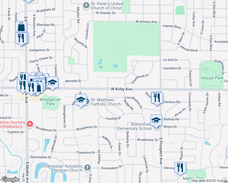 map of restaurants, bars, coffee shops, grocery stores, and more near 1111 West Kirby Avenue in Champaign