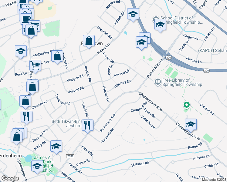 map of restaurants, bars, coffee shops, grocery stores, and more near 304 Glenway Road in Glenside