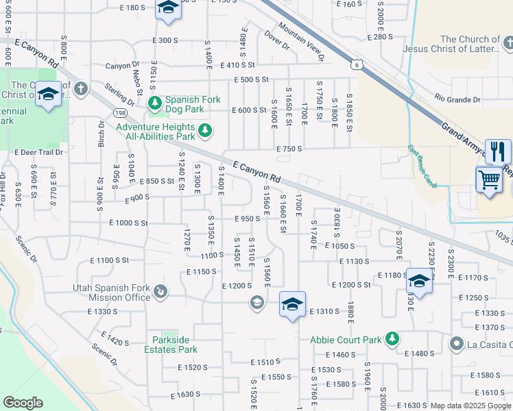 map of restaurants, bars, coffee shops, grocery stores, and more near 897 South 1520 East in Spanish Fork