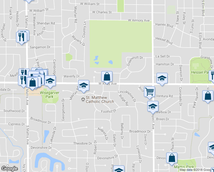 map of restaurants, bars, coffee shops, grocery stores, and more near 1111 West Kirby Avenue in Champaign