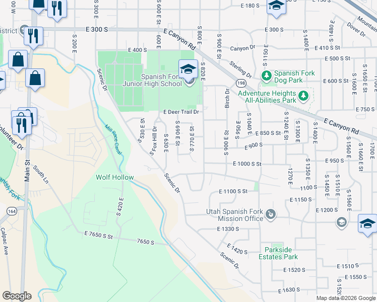 map of restaurants, bars, coffee shops, grocery stores, and more near 1163 East 920 South in Spanish Fork