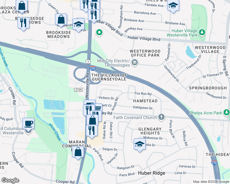 map of restaurants, bars, coffee shops, grocery stores, and more near 3365 Hunt Club Road North in Westerville