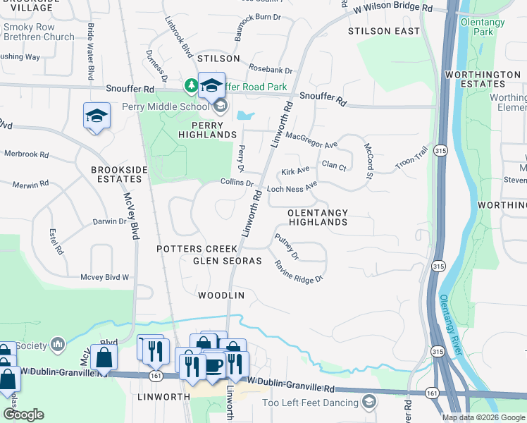 map of restaurants, bars, coffee shops, grocery stores, and more near 1123 Firth Avenue in Worthington