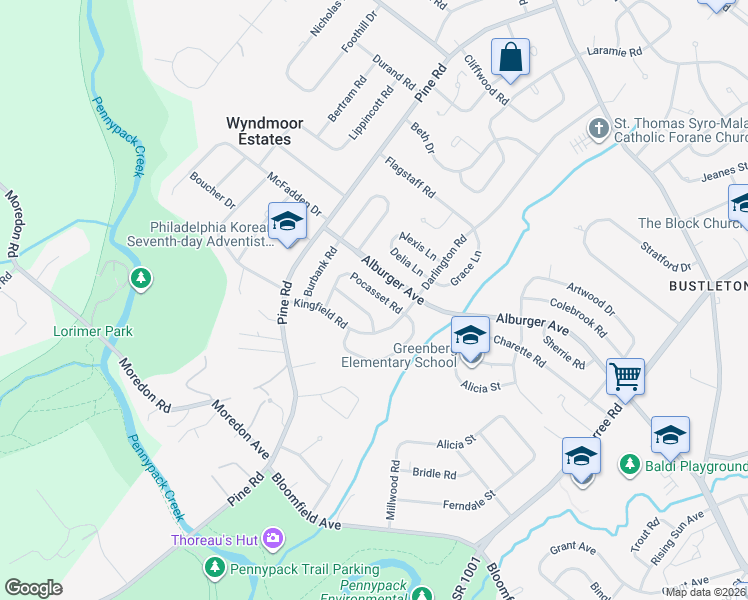 map of restaurants, bars, coffee shops, grocery stores, and more near 120 Pocasset Road in Philadelphia