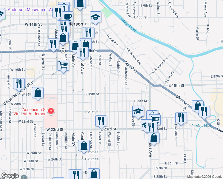 map of restaurants, bars, coffee shops, grocery stores, and more near 1820 Walnut Street in Anderson