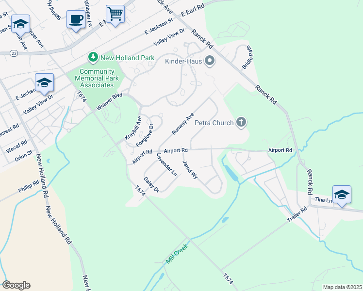 map of restaurants, bars, coffee shops, grocery stores, and more near 517 Airport Rd in New Holland