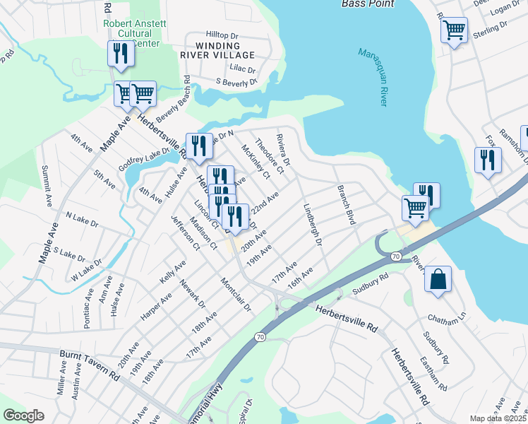 map of restaurants, bars, coffee shops, grocery stores, and more near 251 20th Avenue in Brick Township