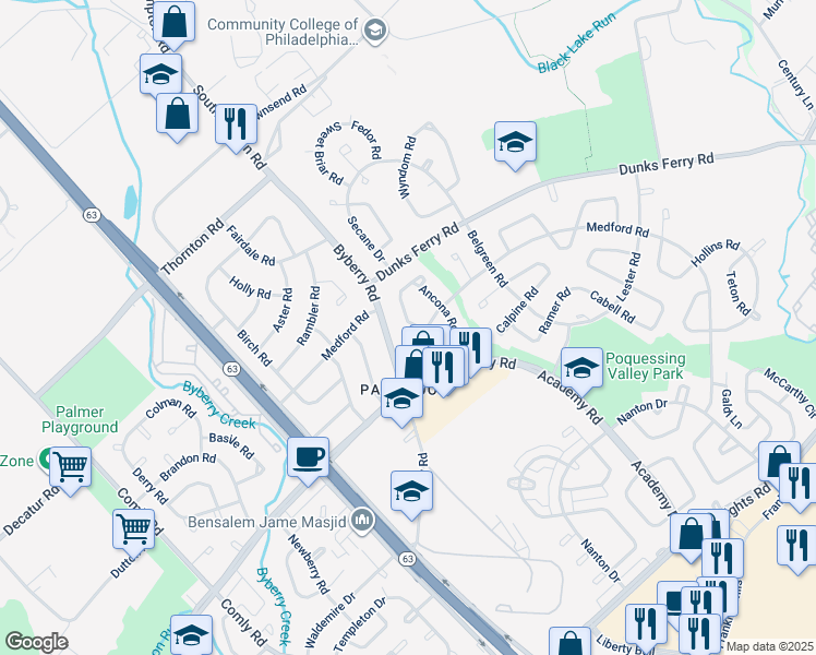 map of restaurants, bars, coffee shops, grocery stores, and more near 12412 Balston Road in Philadelphia