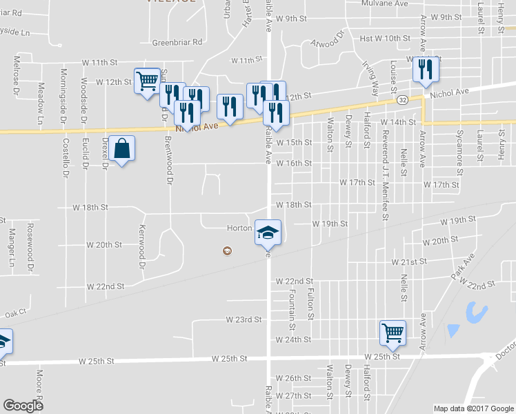 map of restaurants, bars, coffee shops, grocery stores, and more near 2508 West 18th Street in Anderson