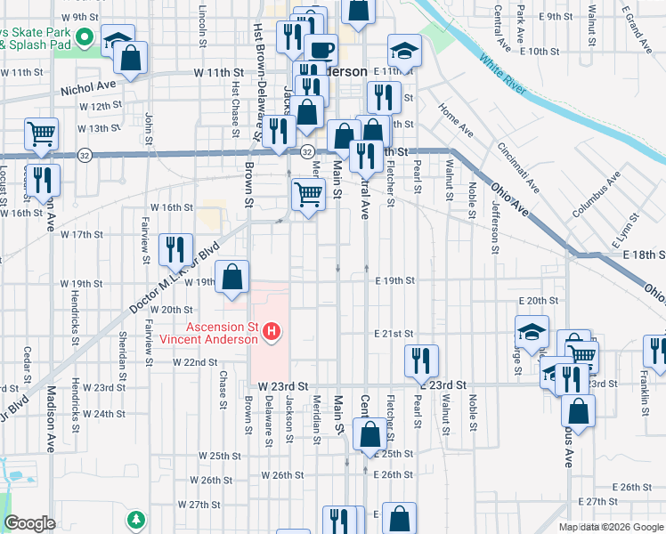 map of restaurants, bars, coffee shops, grocery stores, and more near 1807 Main Street in Anderson