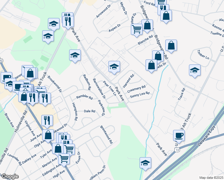 map of restaurants, bars, coffee shops, grocery stores, and more near 3603 Big Barn Lane in Bensalem